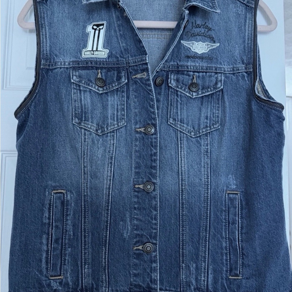 Harley-Davidson Blue Denim & Black Sleeve Hoodie Jacket, Size Small - Picture 8 of 8